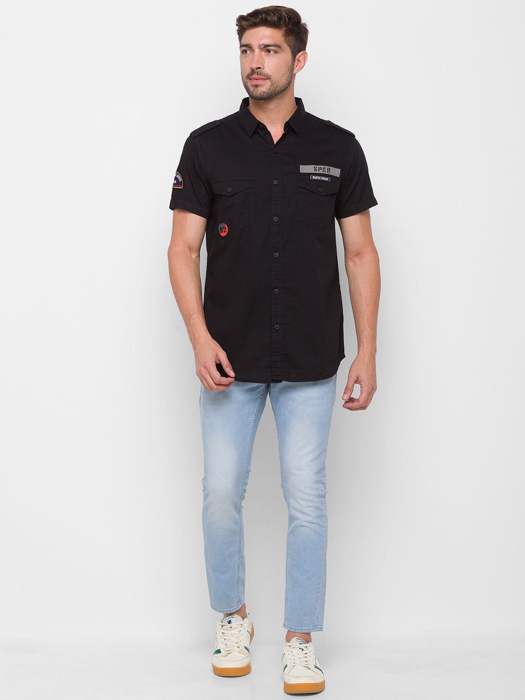 Spykar Black Cotton Slim Fit Shirts For Men