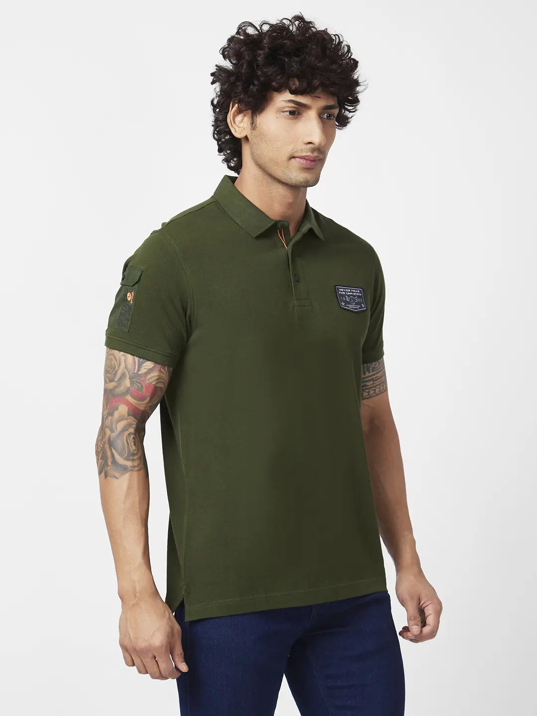 Spykar Men Rifle Green Cotton Slim Fit Half Sleeve Polo Neck Plain Tshirt