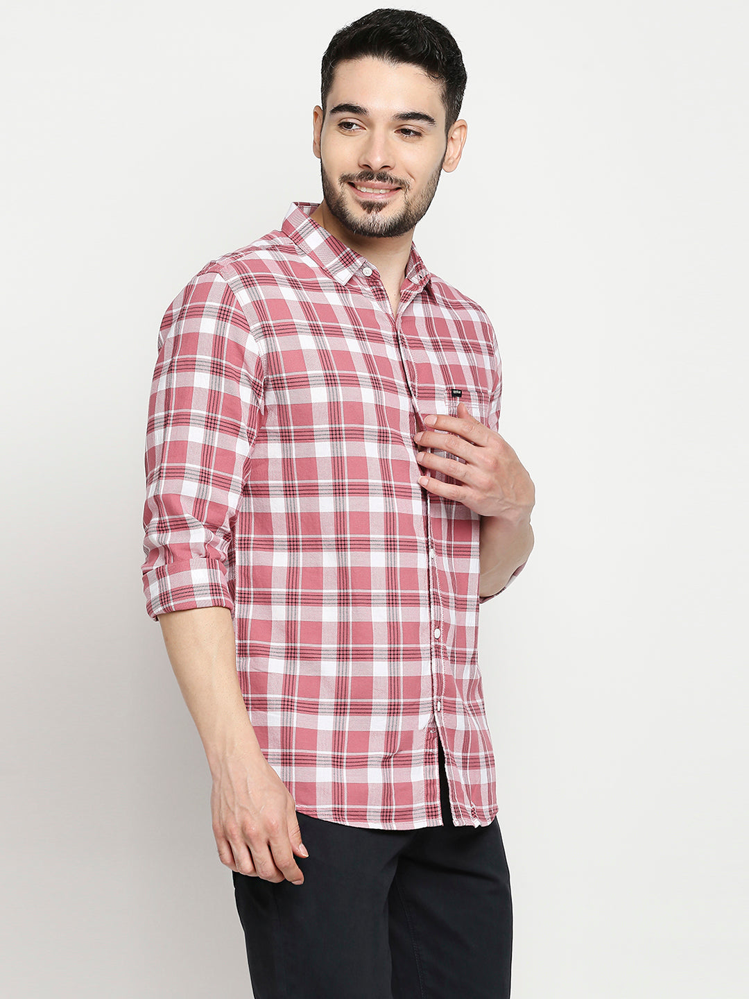 Spykar Mauve Pink Cotton Full Sleeve Checkered Shirt For Men