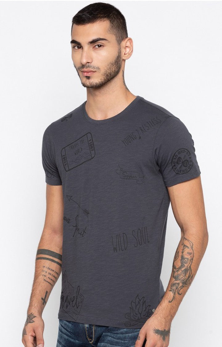 Spykar Dark Grey Printed Slim Fit Men T-Shirts