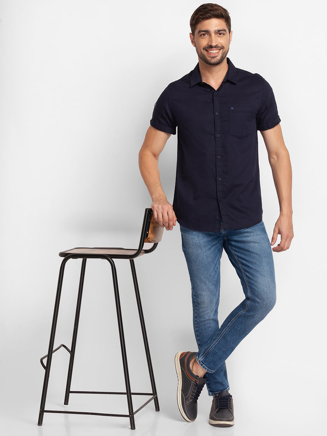 Spykar Navy Blue Cotton Half Sleeve Plain Shirt For Men