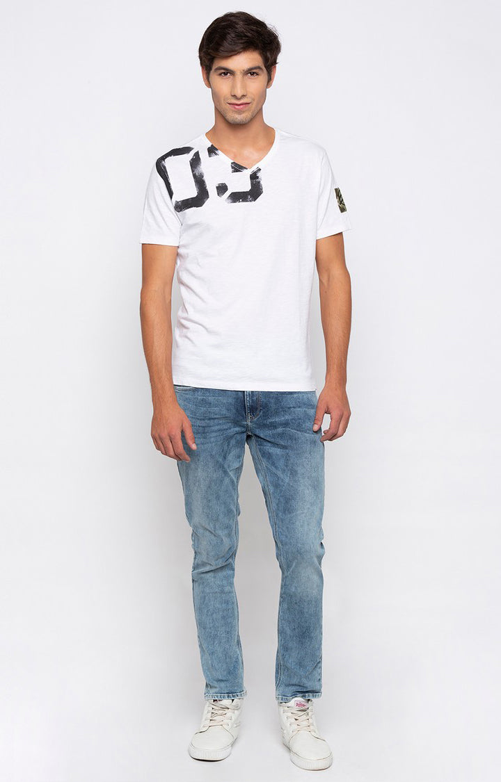 Spykar White Melange Slim Fit Men T-Shirts