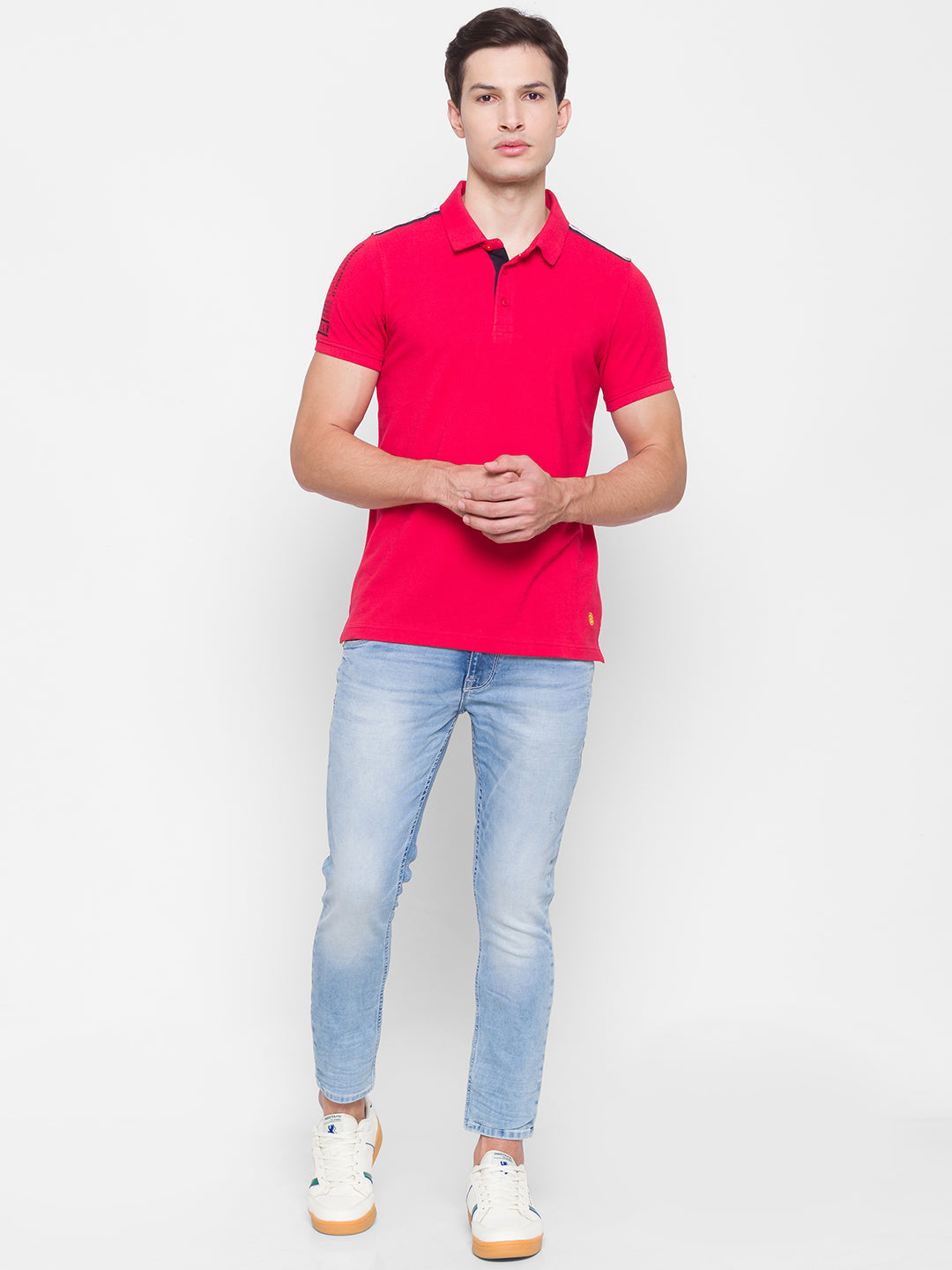 Spykar Men Blue Cotton Slim Fit Polo T-Shirt