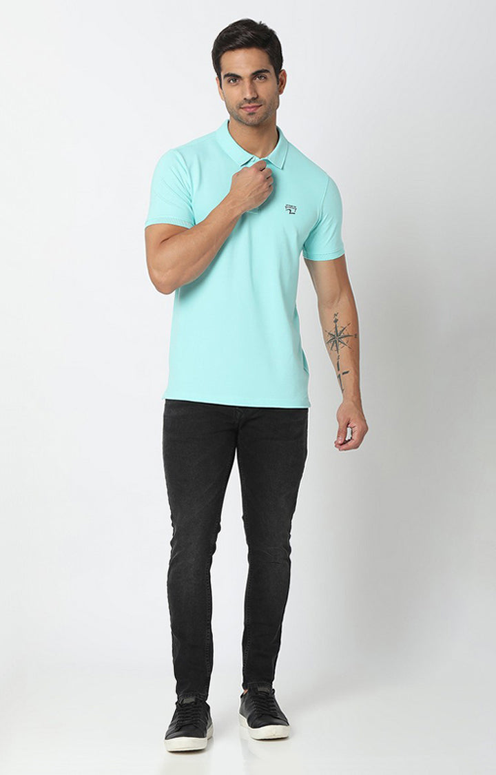 Spykar Aqua Blue Cotton Half Sleeve Plain Polo T-shirt For Men