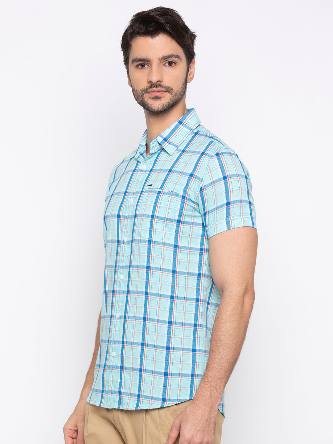 Spykar Men Aqua Checked Slim Fit Casual Shirt