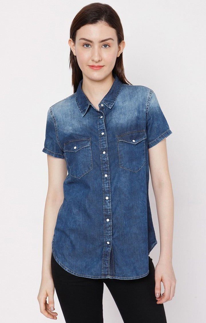 Spykar Women Dark Blue Cotton Regular Fit Denim Shirt