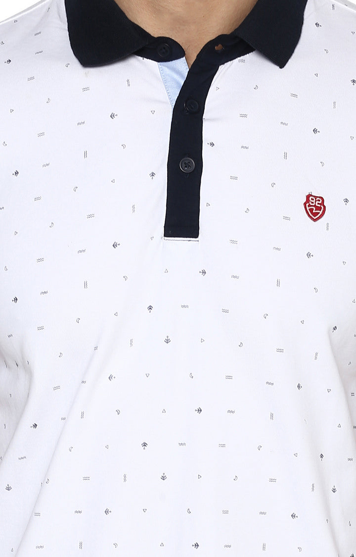 Spykar White Printed Slim Fit Polo T-Shirt