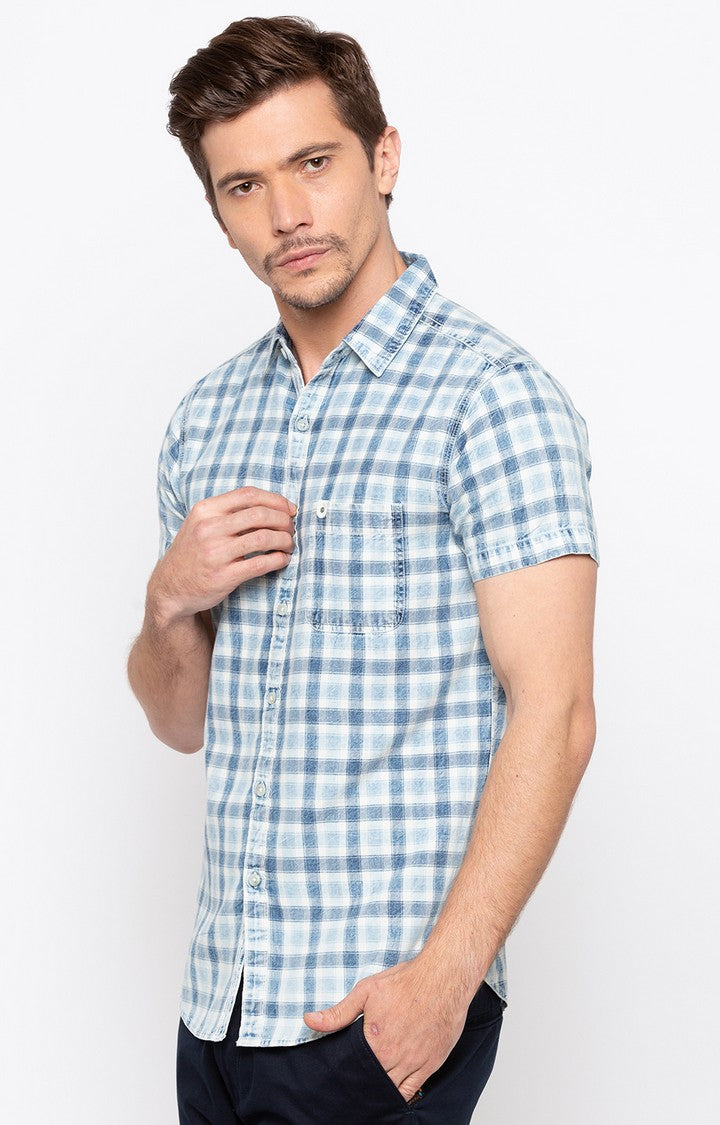 Spykar Men'S Blue Cotton Checked Casual Shirts