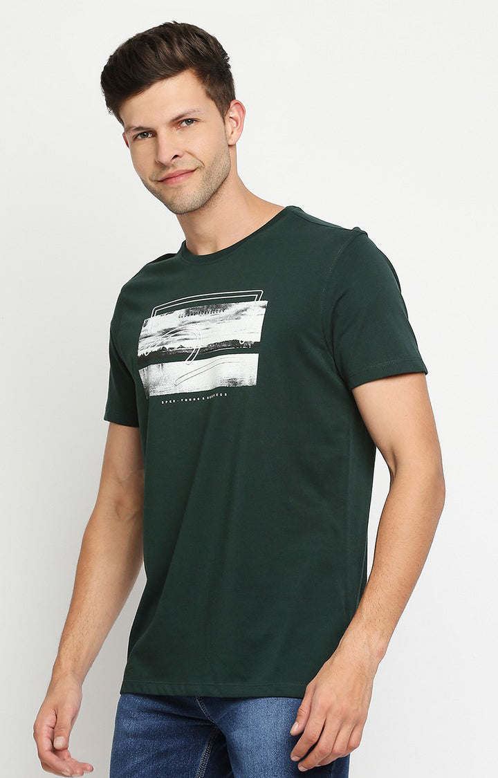 Spykar Men Green Cotton Slim Fit Round Neck T-Shirt