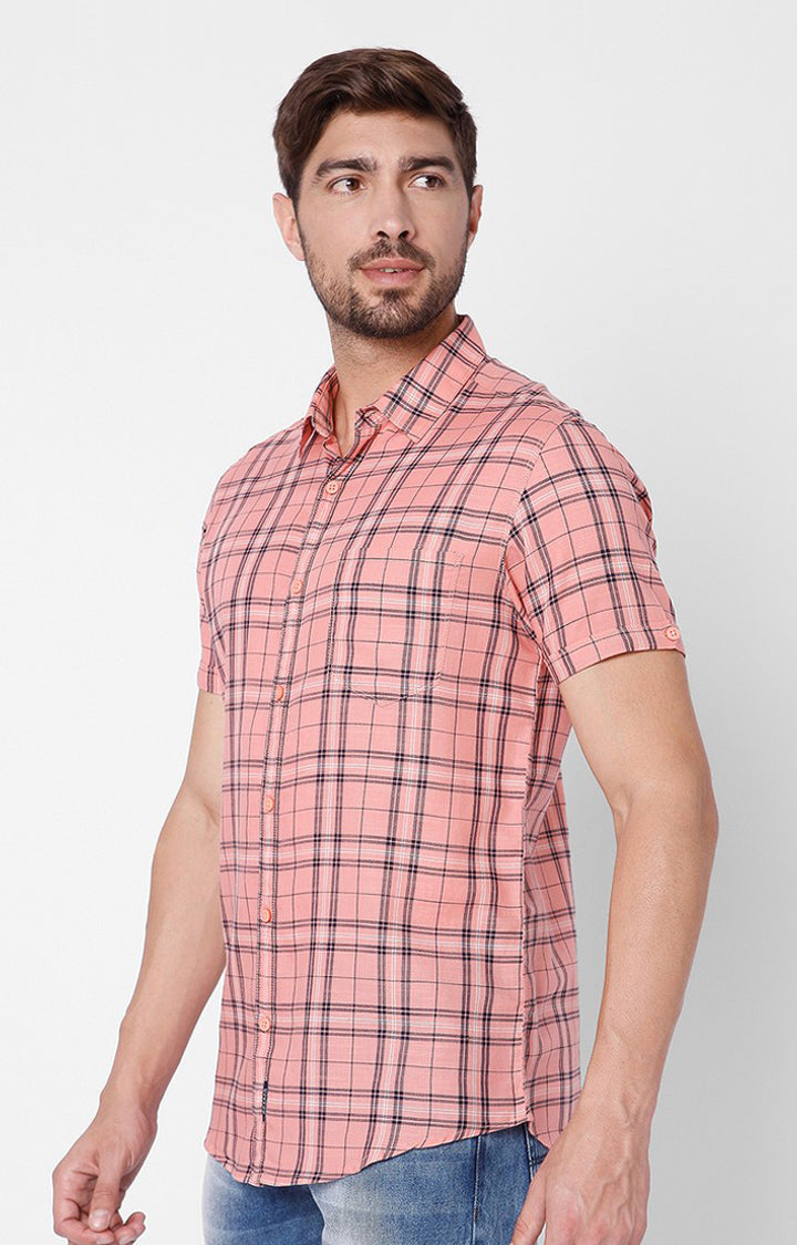 Spykar Men Peach Pink Cotton Slim Fit Checkered Shirt