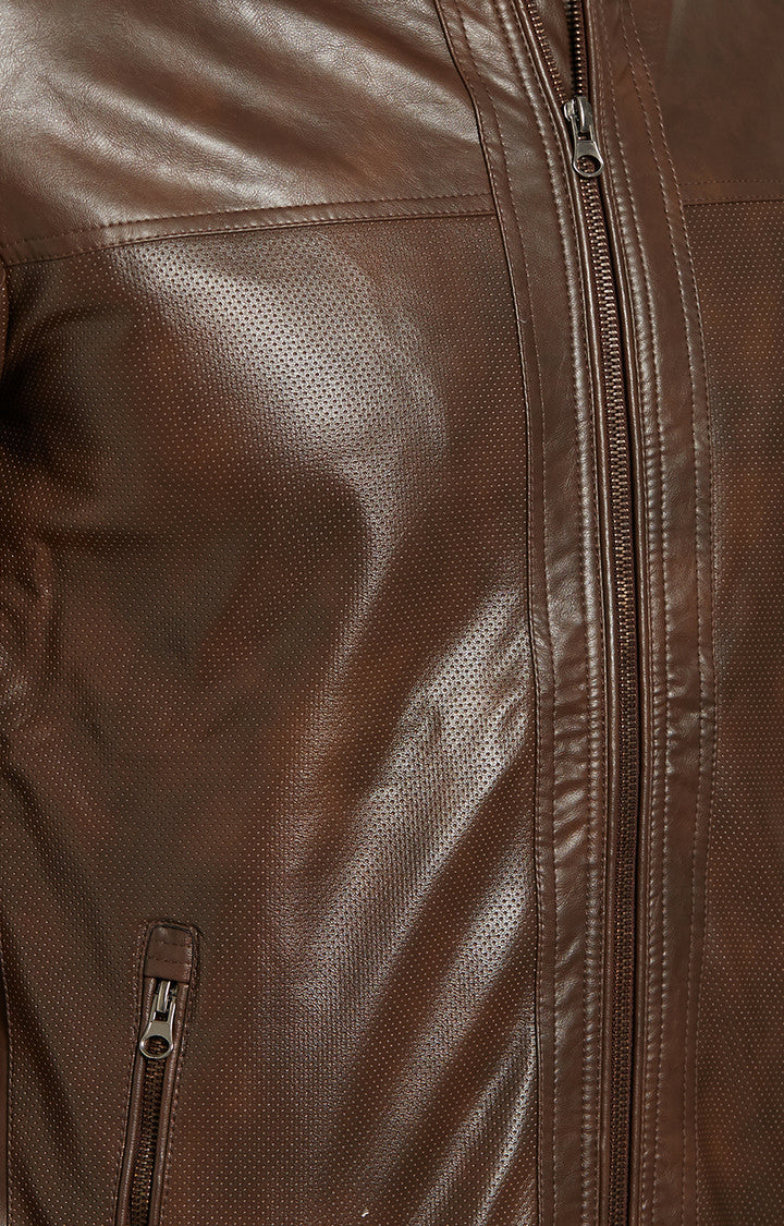 Spykar Men Brown Solid Slim Fit Leather Jacket