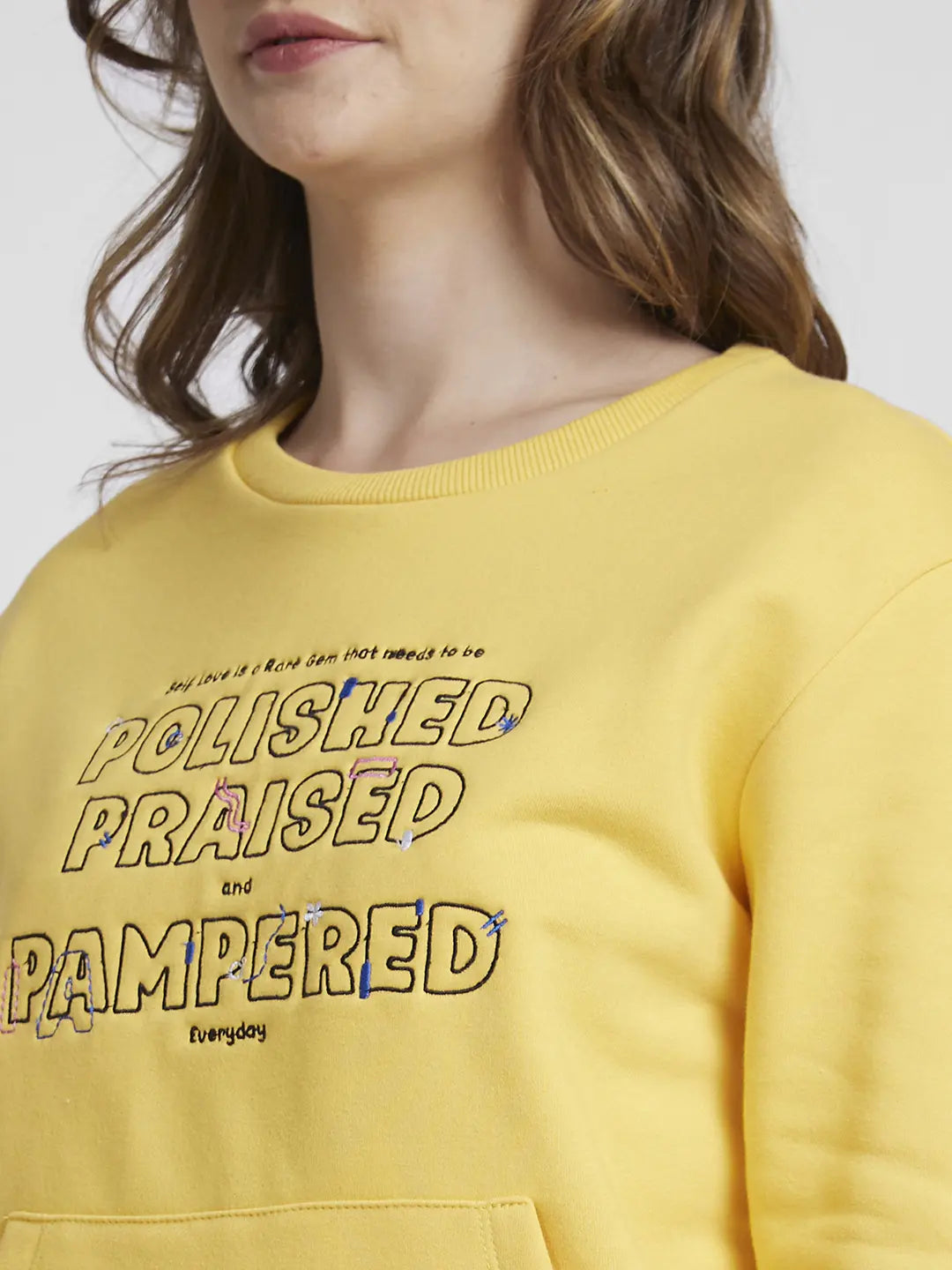 Spykar Women Pineappleyellow Blended Regular FIt Round Neck Printed Sweatshirt