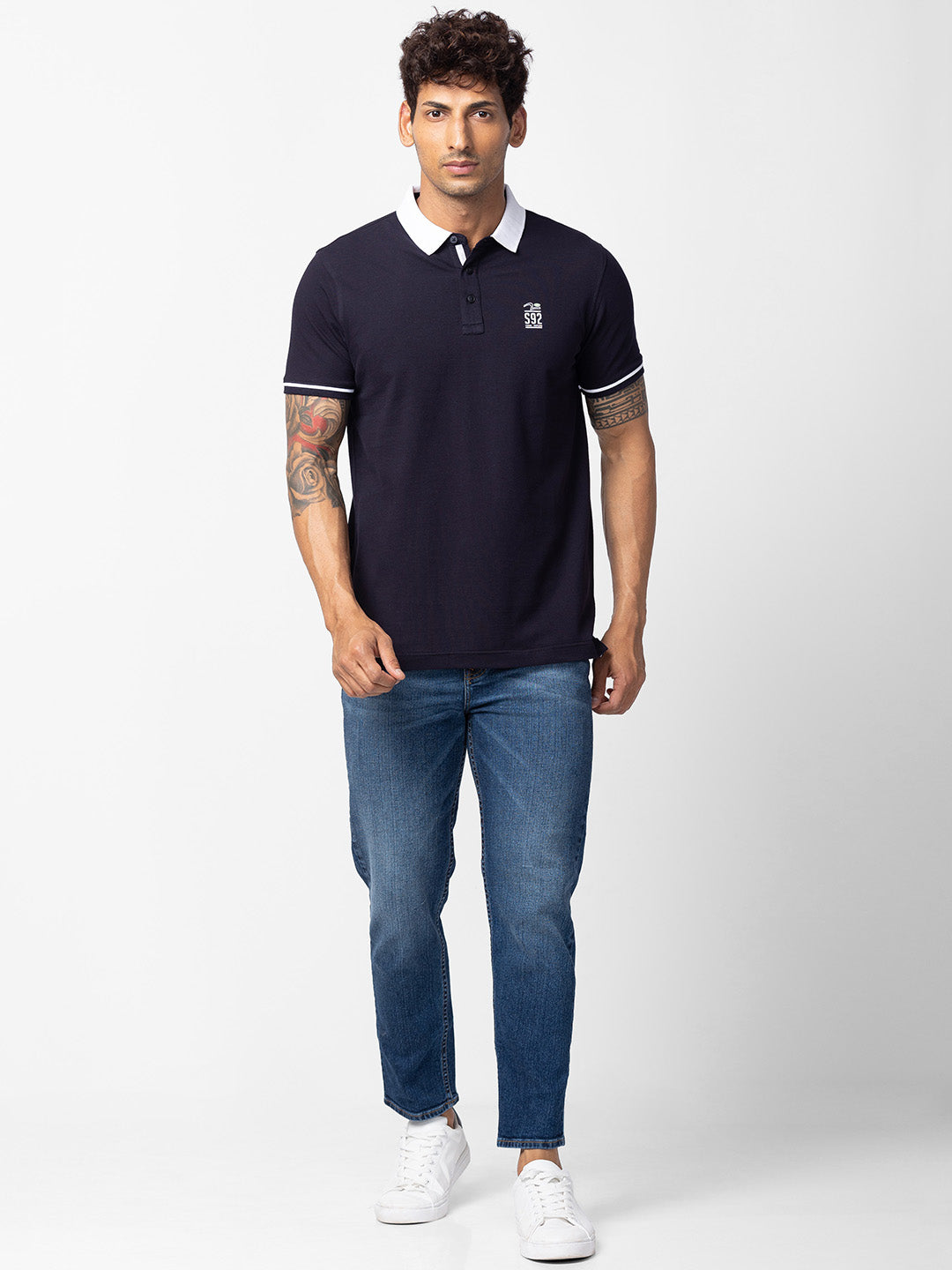 Spykar Men Navy Blue Cotton Regular Fit Half Sleeve Plain Polo T-Shirt