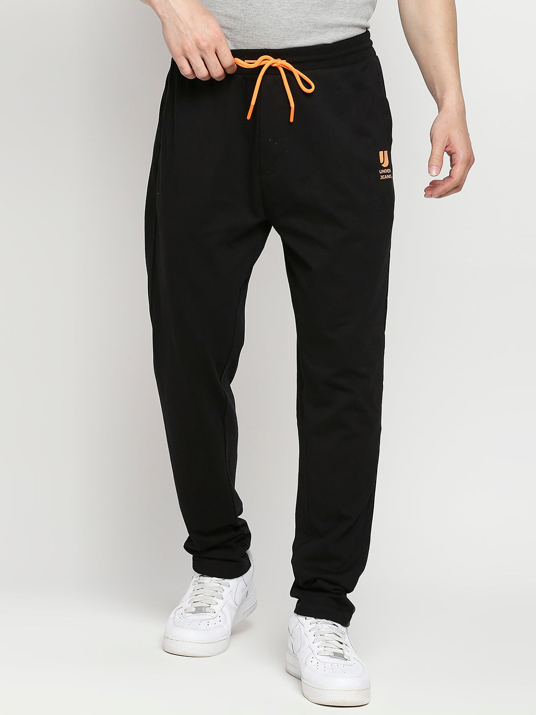 Men Cotton Blend Knitted Black Trackpant- Underjeans by Spykar