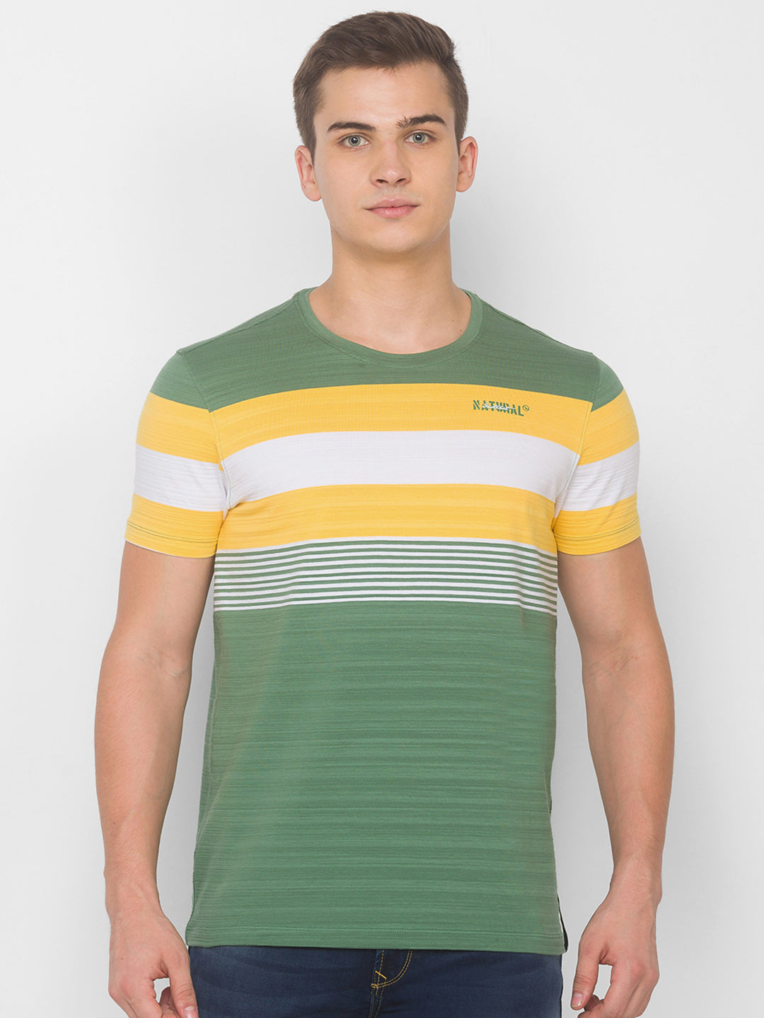 Spykar Men Green Cotton Slim Fit Round Neck T-Shirt