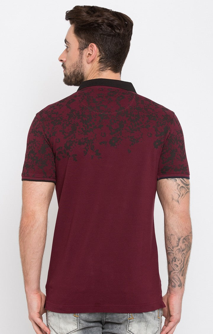 Spykar Wine Printed Slim Fit Polo T-Shirt