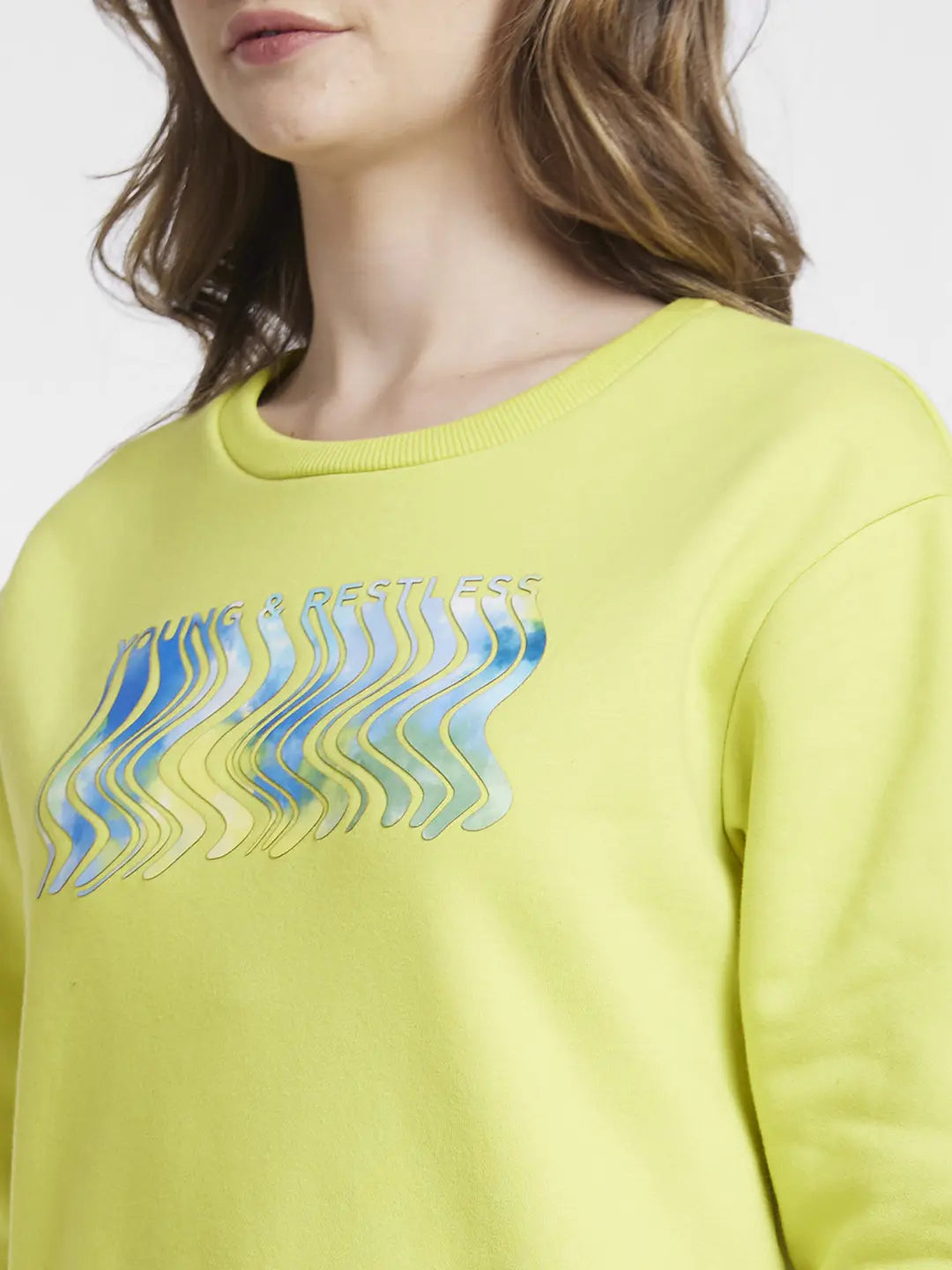 Buy Online Spykar Women Bitter Lemon Blended Regular FIt Round Neck Printed Sweatshirt