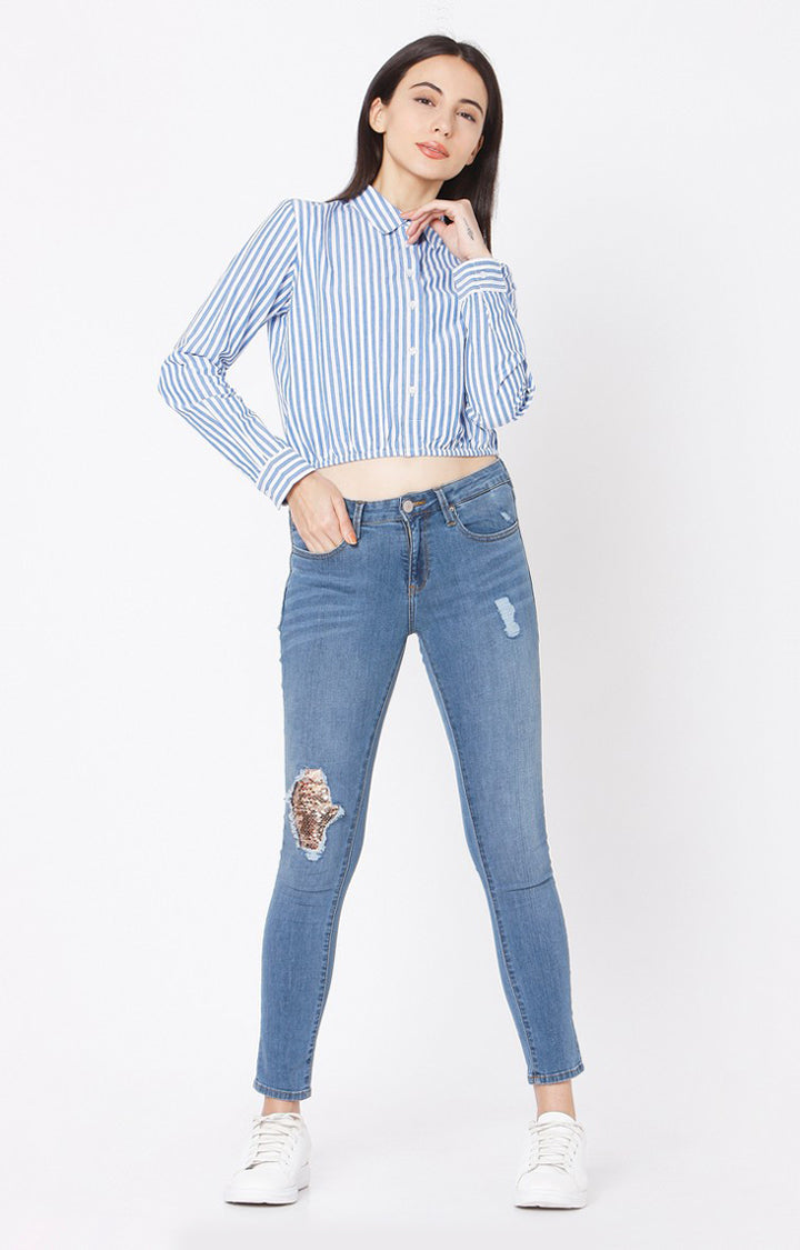 Spykar Slim Fit Blue Cotton Women Stripe Shirt