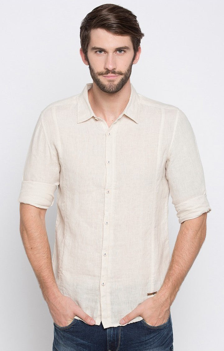 Spykar Men'S Beige Cotton Solid Casual Shirts