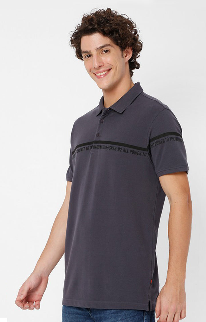 Spykar Men Grey Cotton Slim Fit Plain Polo T-Shirt