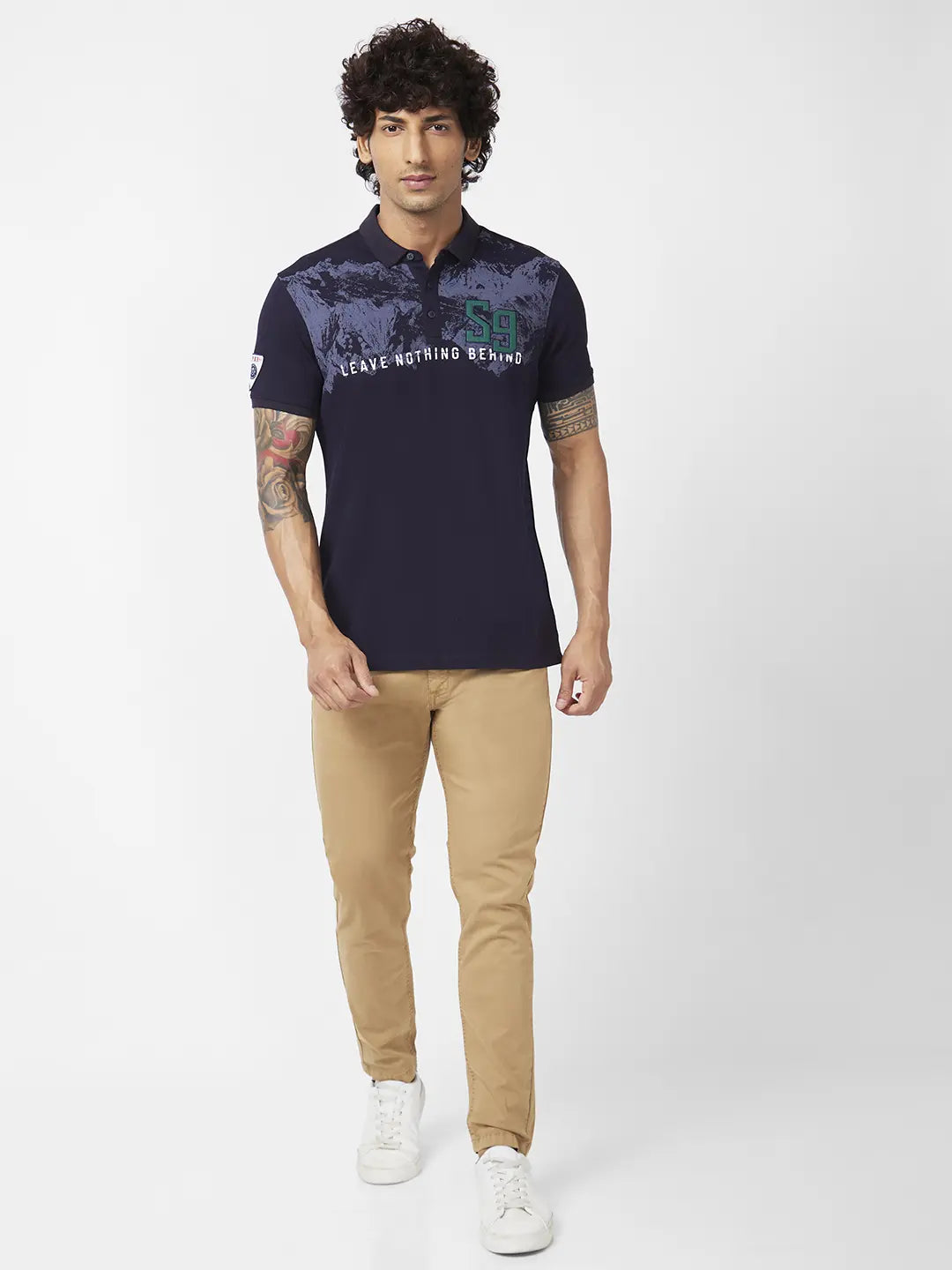 Spykar Men Navy Blue Blended Slim Fit Half Sleeve Polo Neck Printed Tshirt