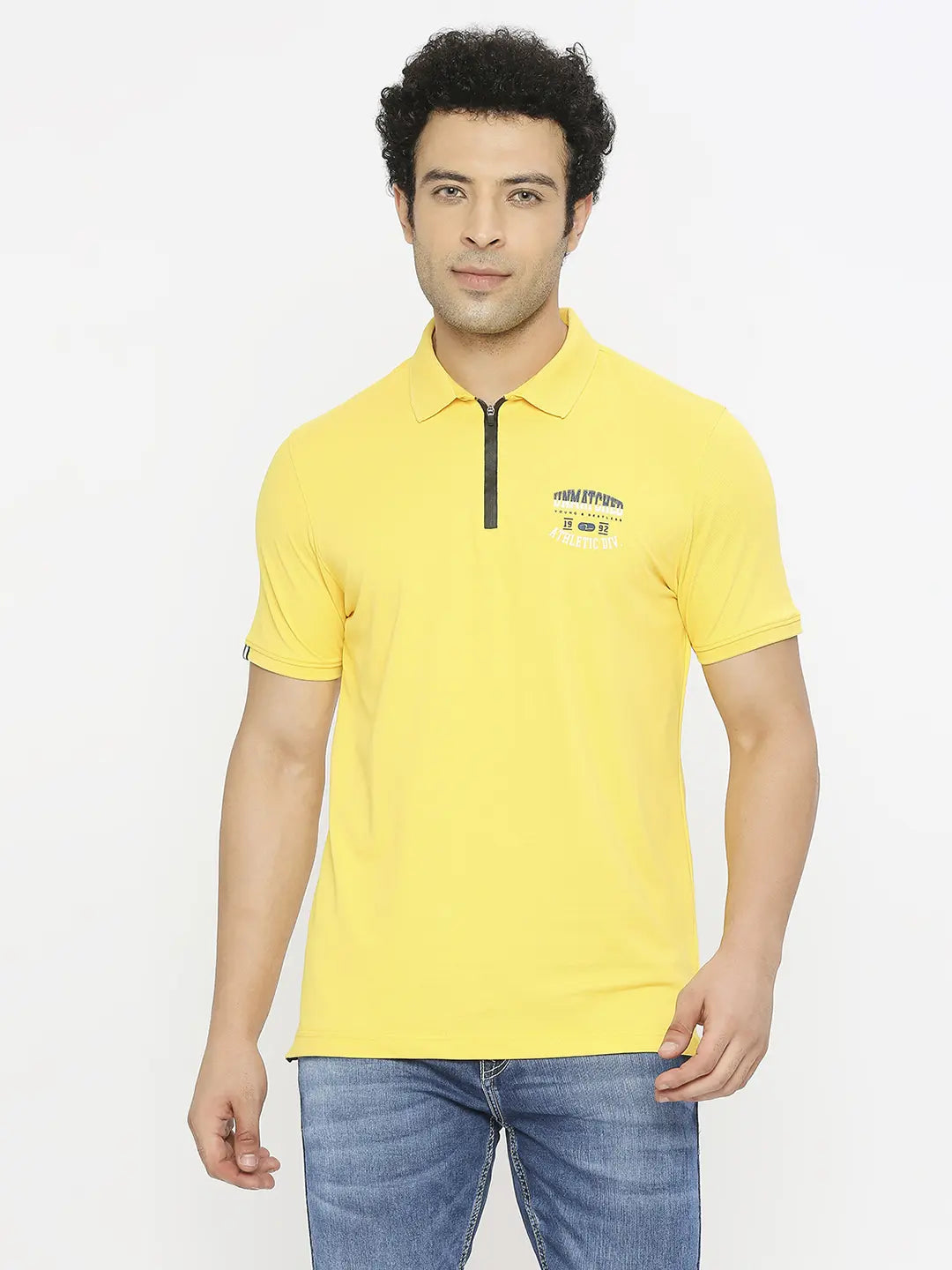 Spykar Men Chrome Yellow Blended Regular Fit Half Sleeve Plain Polo Tshirt