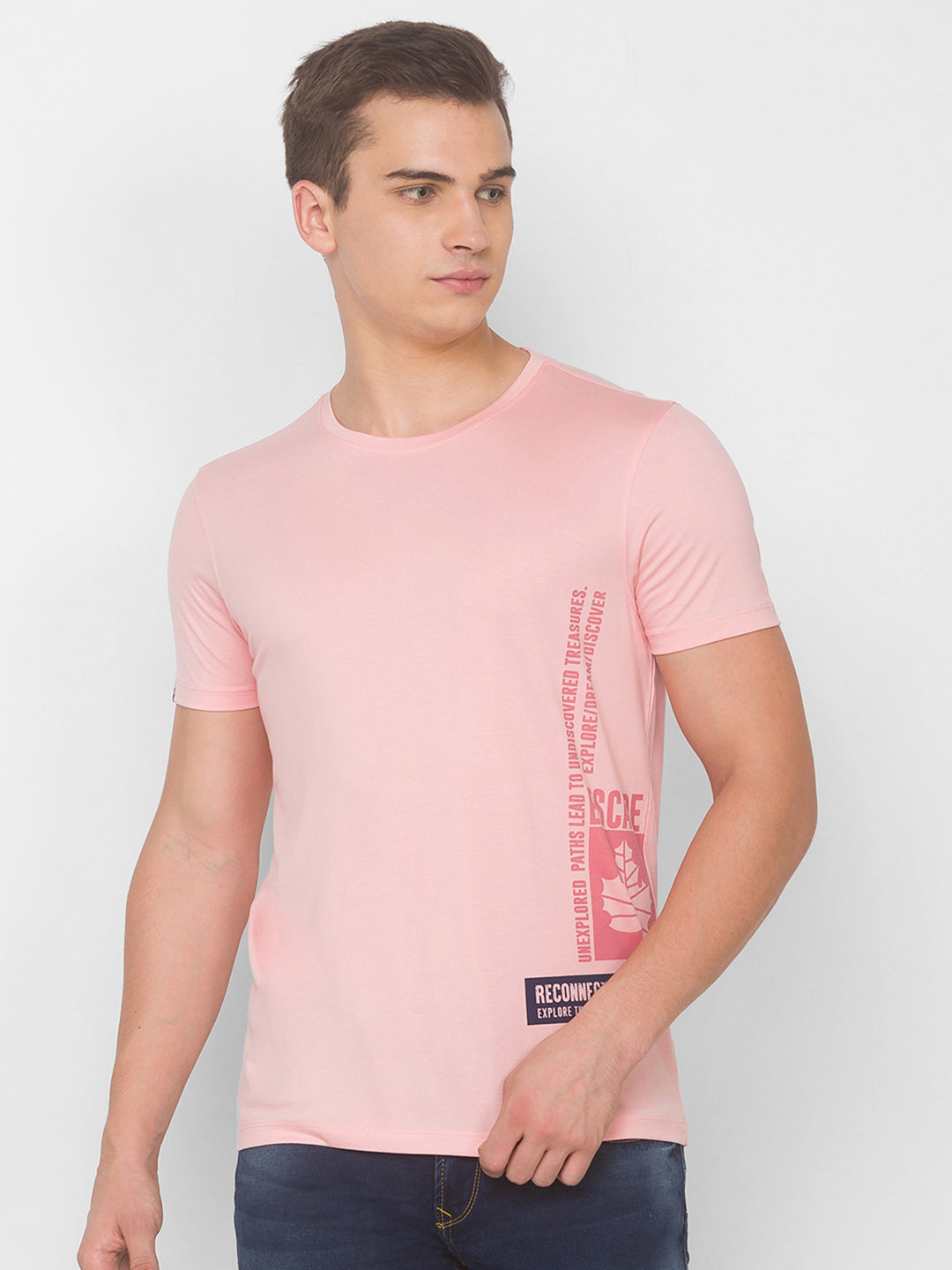 Spykar Men Pink Cotton Slim Fit Round Neck T-Shirt