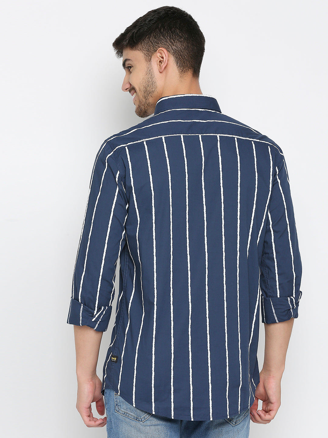 Spykar Navy Blue Cotton Full Sleeve Stripes Shirt For Men