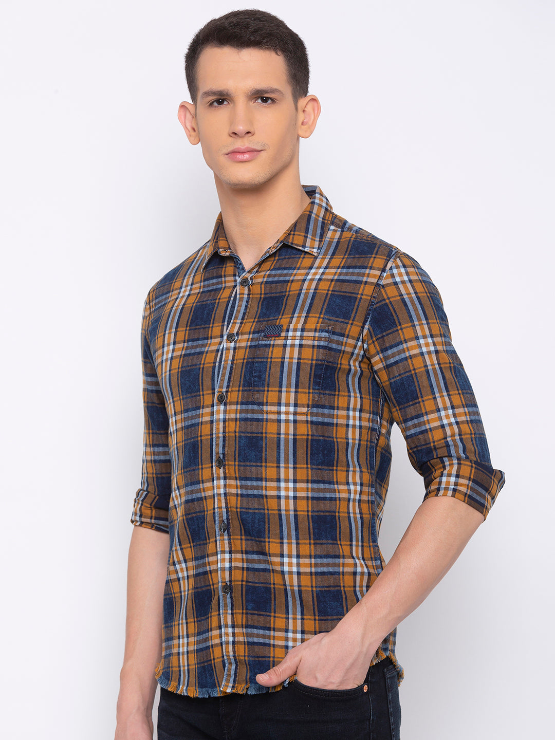 Spykar Men Mustard Checked Slim Fit Casual Shirt