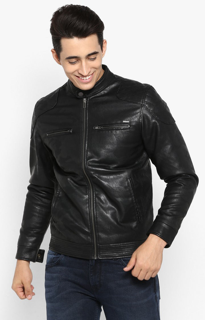 Spykar Men Black Printed Slim Fit Leather Jacket