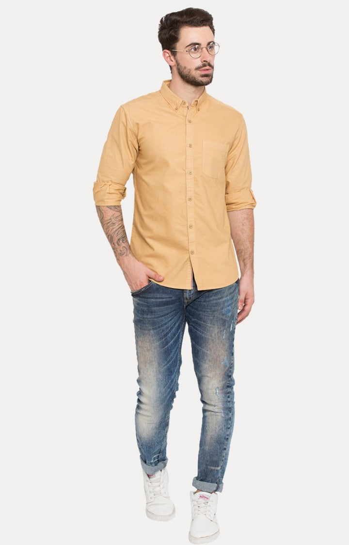 Spykar Men'S Beige Cotton Solid Casual Shirts