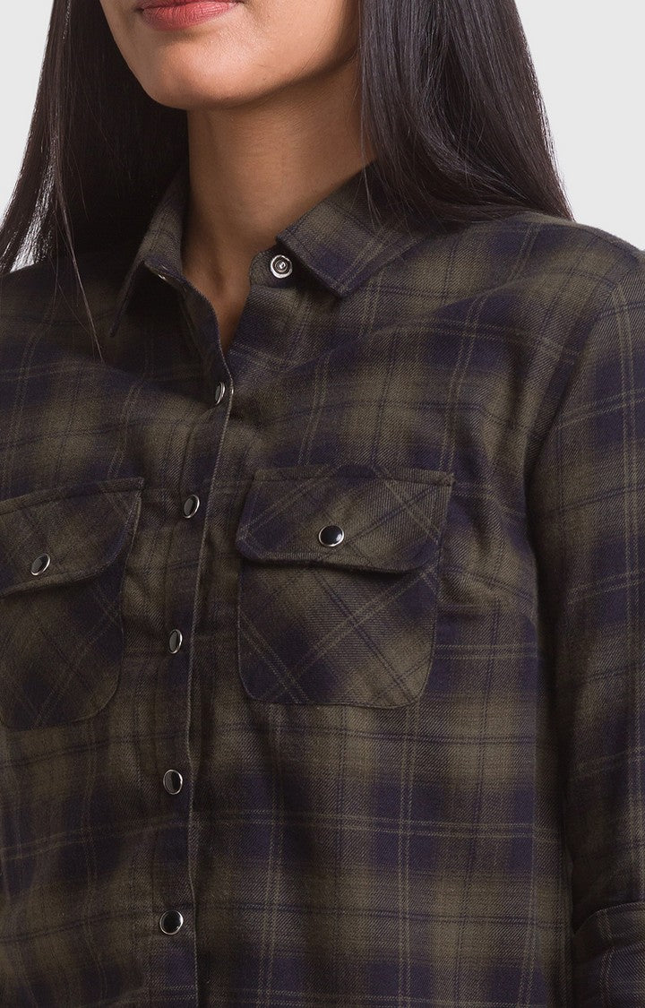 Spykar Olive Cotton Full Sleeve Checks Shirts For Women