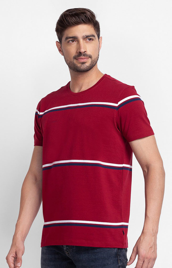 Spykar Deep Red Cotton Half Sleeve Stripes Casual T-Shirt For Men