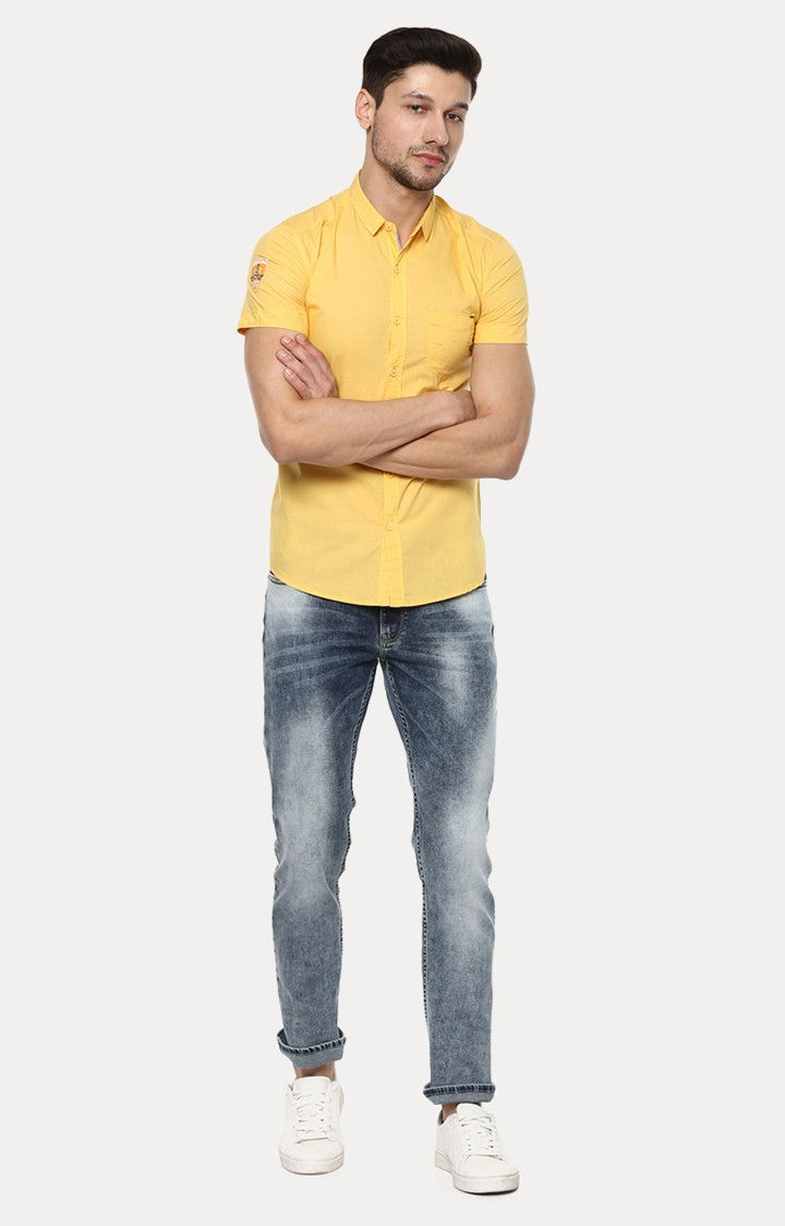 Spykar Men'S Yellow Cotton Solid Casual Shirts