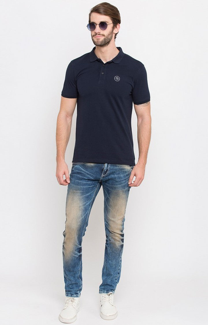 Spykar Blue Solid Slim Fit Polo T-Shirt