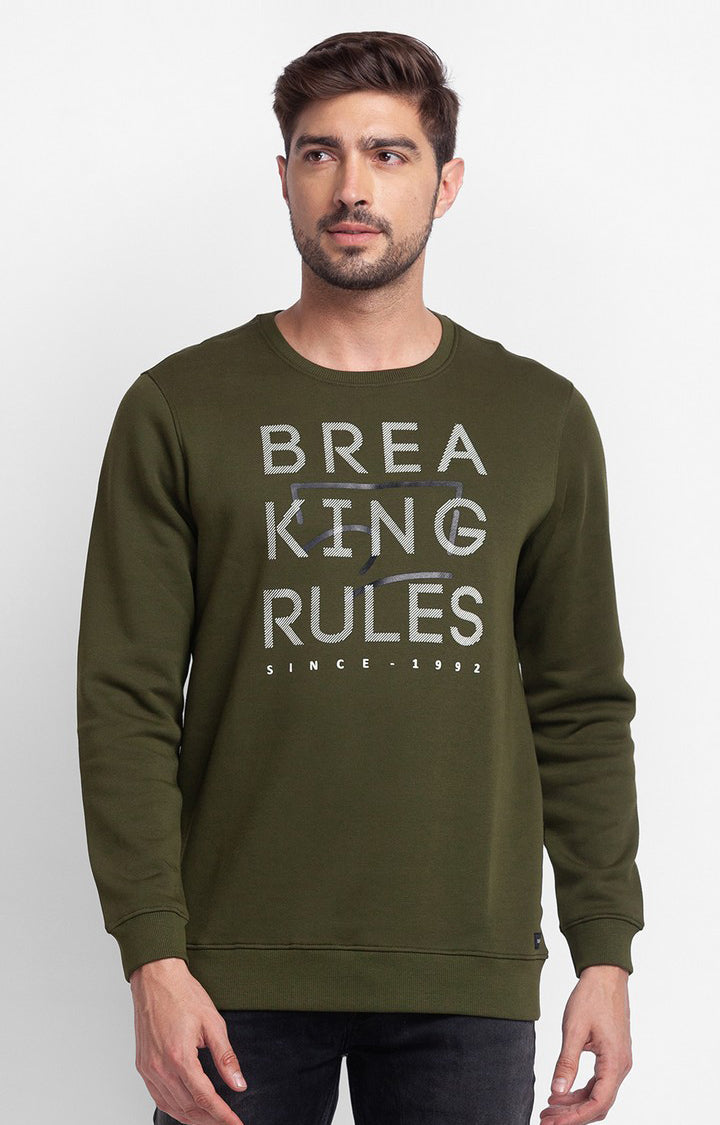 Spykar Rifle Green Cotton Full Sleeve Round Neck Sweatshirt For Men