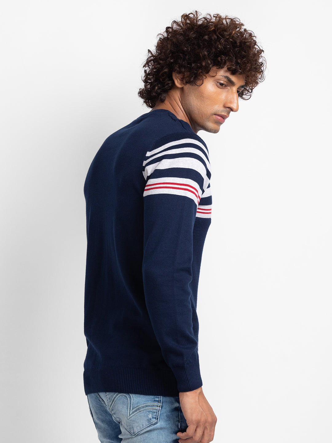 Spykar Navy Ash Melange Cotton Full Sleeve Casual Sweater For Men