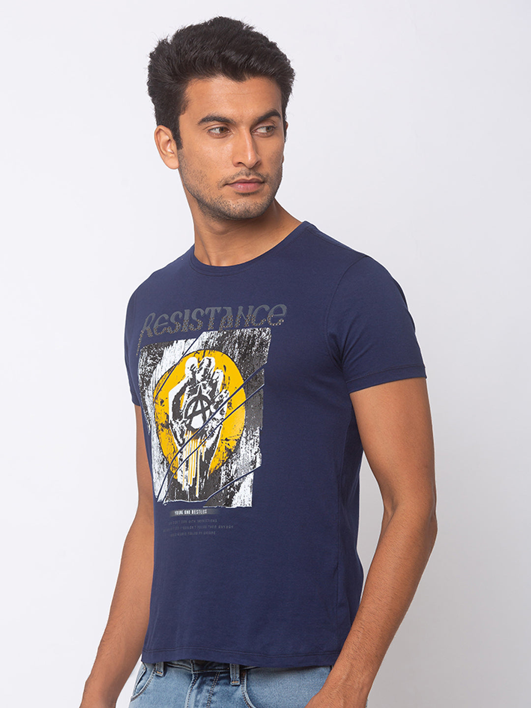 Spykar Men Blue Cotton Slim Fit Round Neck T-Shirt