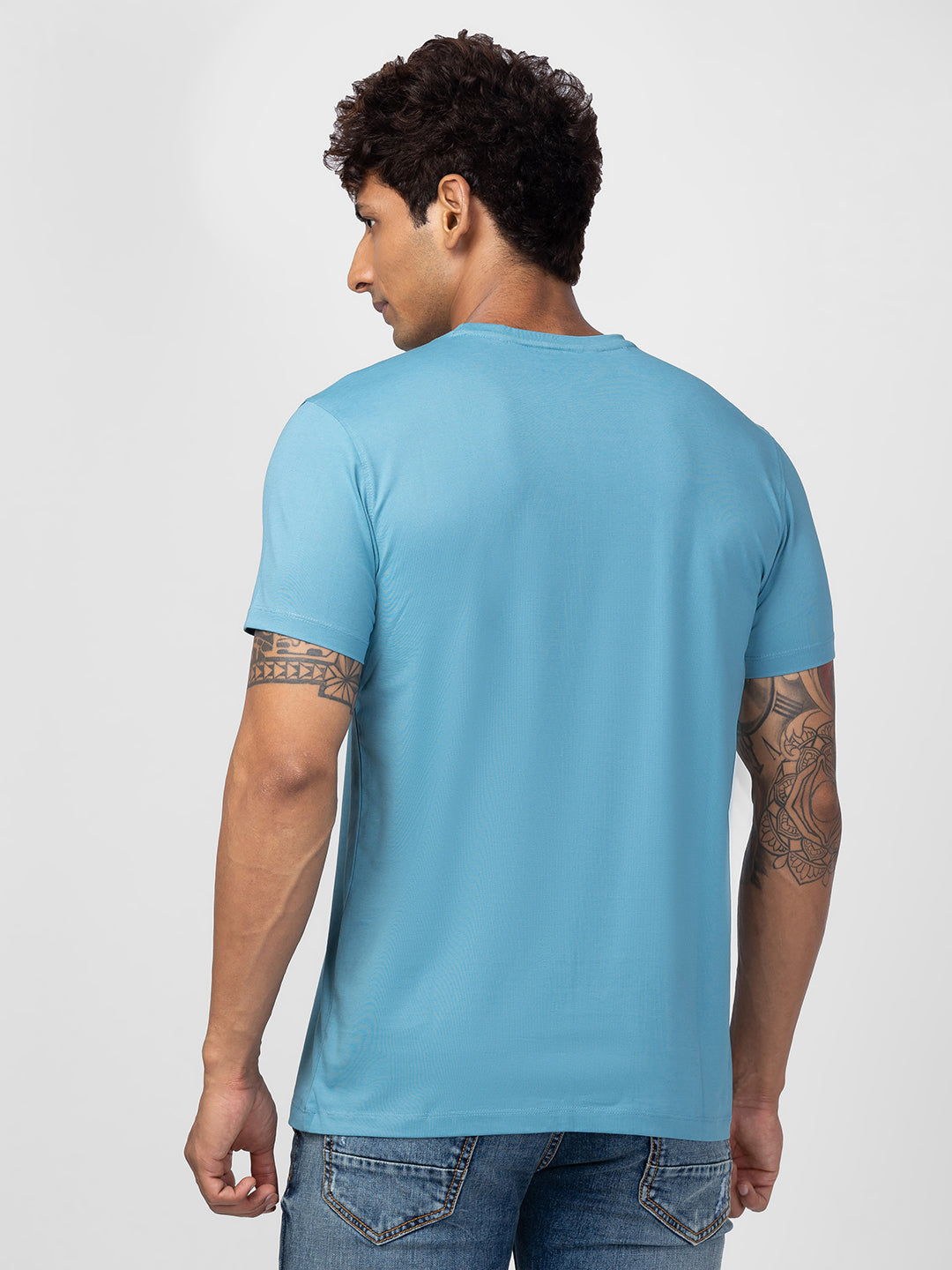 Spykar Men Haze Blue Cotton Regular Fit Half Sleeve Printed T-Shirt