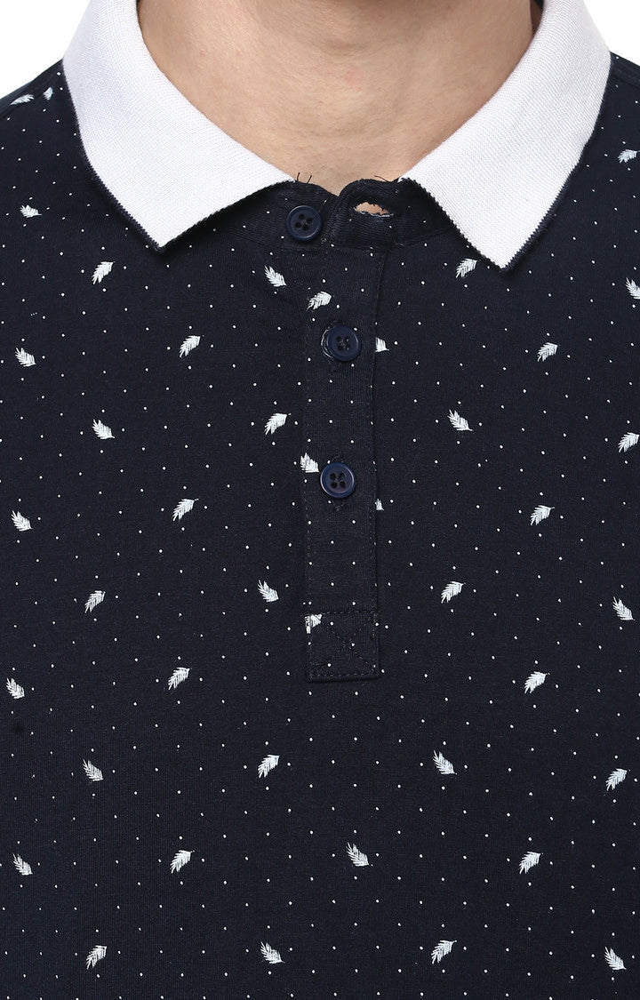 Spykar Navy Blue Printed Slim Fit Polo T-Shirt