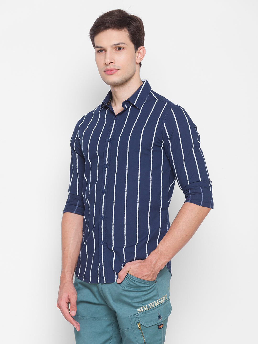 Spykar Slim Fit Blue Cotton Men Shirt