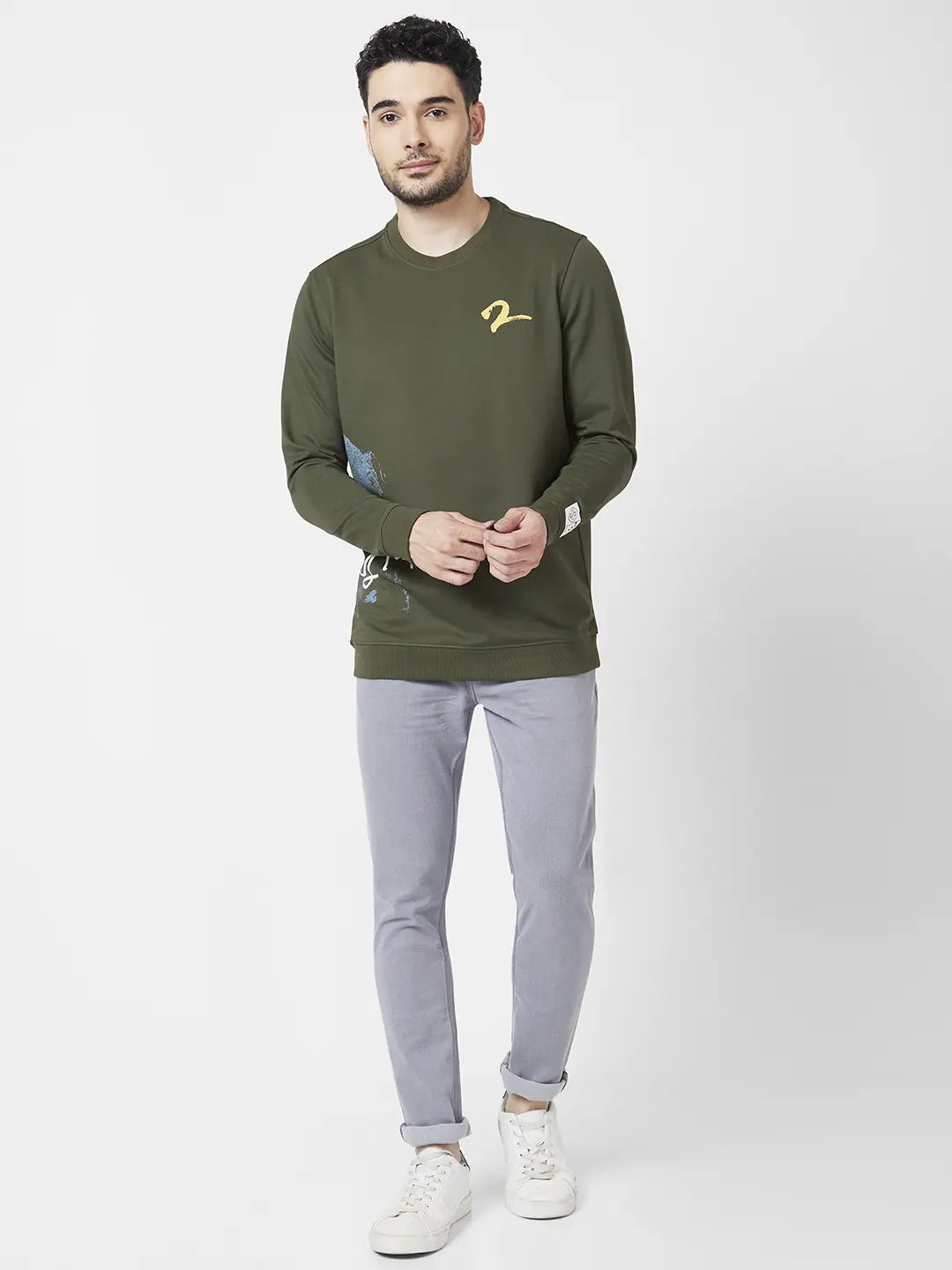 Spykar Men Rifle Green Blended Slim Fit Full Sleeve Round Neck Plain Sweatshirt