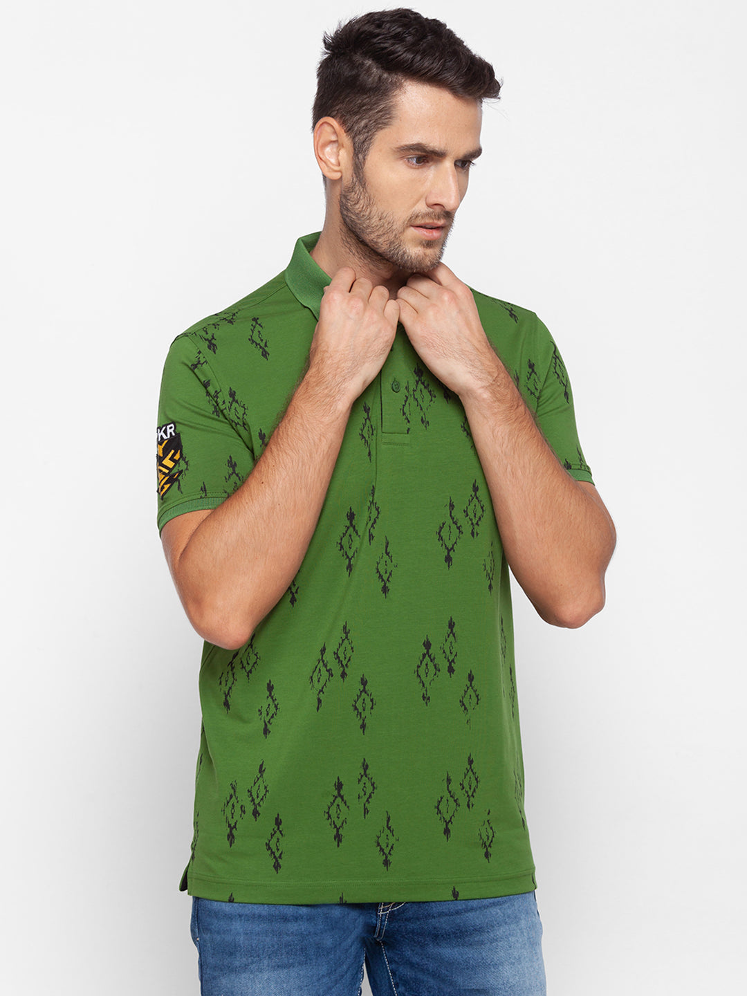 Spykar Men Green Cotton Slim Fit Polo T-Shirt