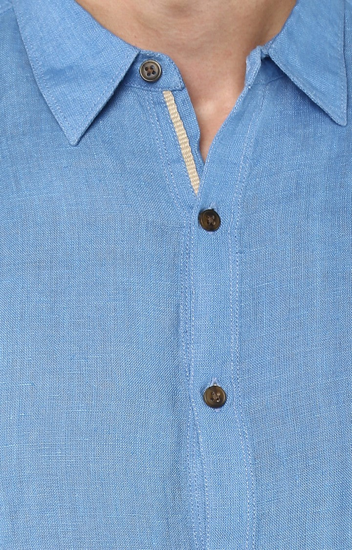 Spykar Men Blue Cotton Linen Slim Fit Plain Shirt