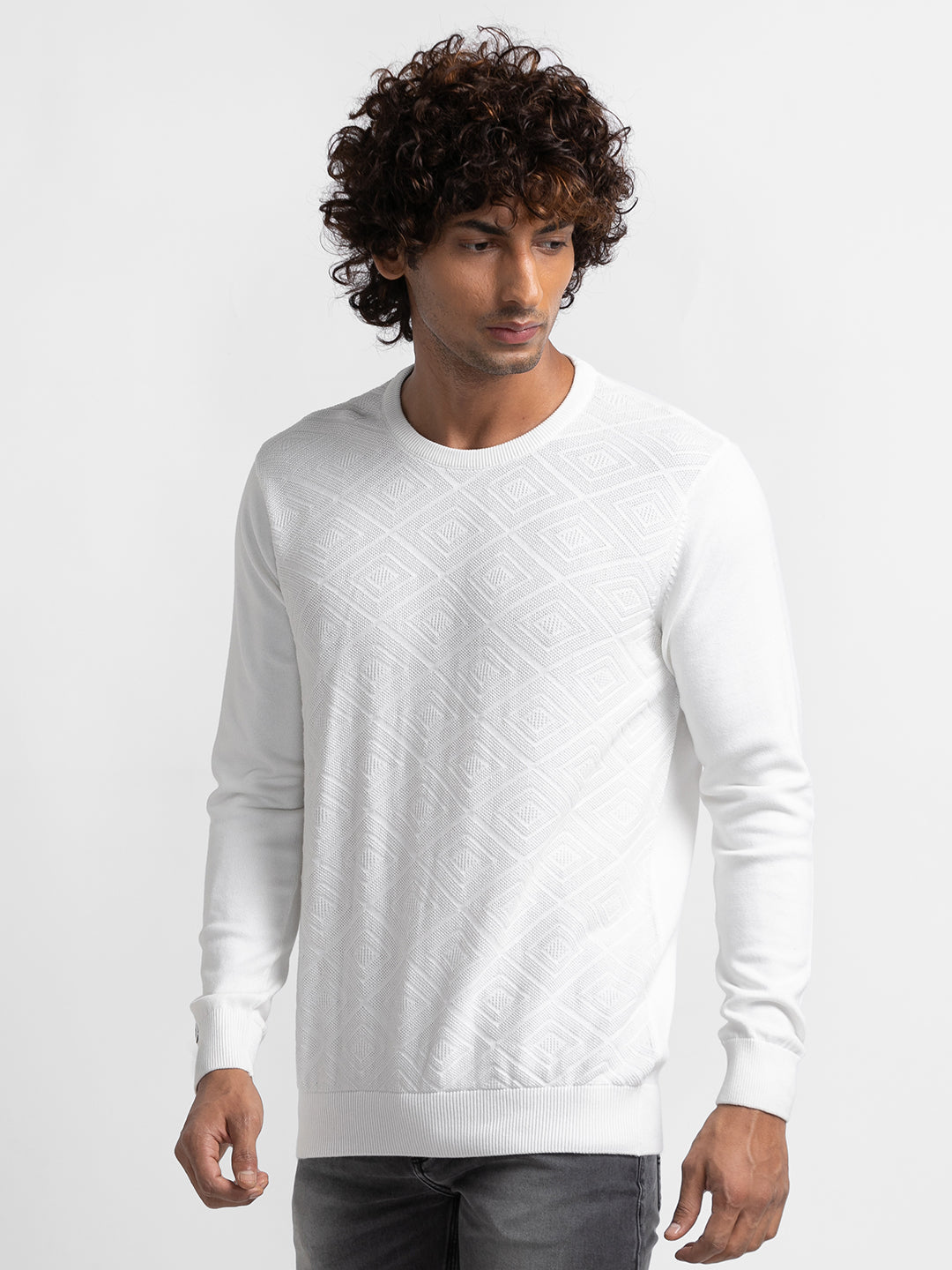 Spykar Ecru Cotton Full Sleeve Casual Sweater For Men