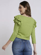 Spykar Women Bay Leaf Blended Regular Fit Full Sleeve Round Neck Plain Tshirt