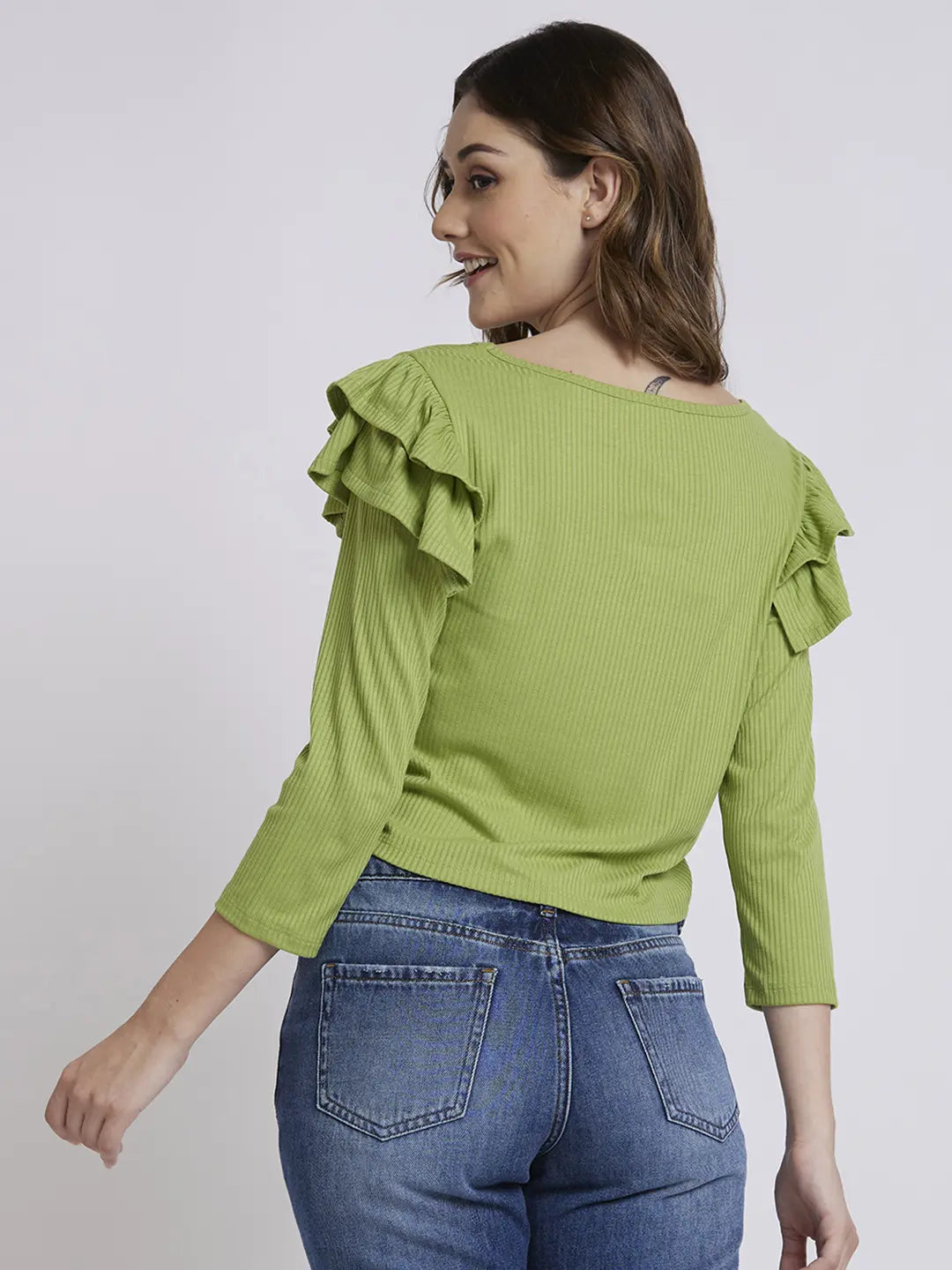 Spykar Women Bay Leaf Blended Regular Fit Full Sleeve Round Neck Plain Tshirt