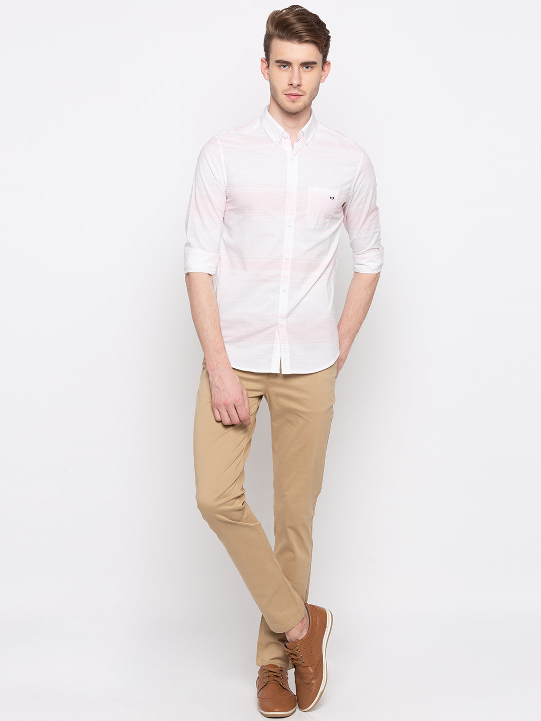 Spykar Pink Cotton Slim Fit Shirts For Men