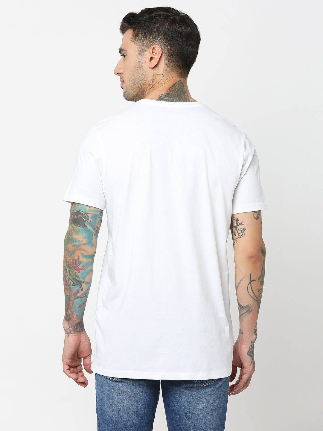 Spykar Men White Cotton Slim Fit Round Neck Printed T-shirt