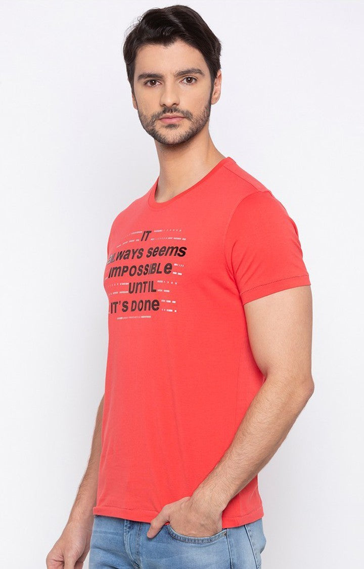 Spykar Men Orange Cotton Slim Fit Round Neck T-Shirt